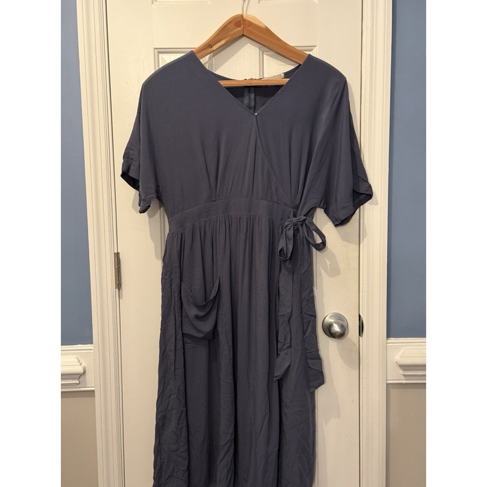 Polagram‎ Blue  Midi A-Line Dress Short Sleeve Size L  Cottagecore Boho